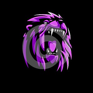 Angry lion roaring esport and sport mascot logo design concept for team badge emblem and thirst printing. Purple lion illustration