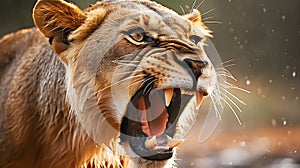 Angry Lioness looking for prey, Portrait of Lioness, close up - AI generated