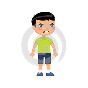 Angry little asian boy flat vector illustration. Furious child, aggressive kid cartoon characters.