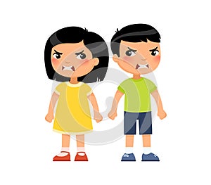 Angry little asian boy and girl flat vector illustration. Furious children quarrel, aggressive kids arguing cartoon characters.