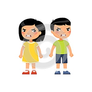 Angry little boy and girl flat vector illustration. Furious asian children quarrel, aggressive kids arguing cartoon characters.