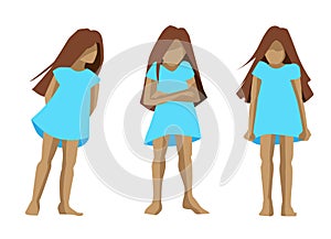 Angry little girl in a blue dress offended. emotions