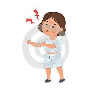 Angry little girl. Brown haired girl dressed t-shirt and shorts shouting and pointing with her fingers cartoon vector