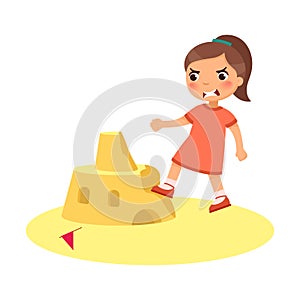 Angry little girl destroying sandcastle flat vector illustration