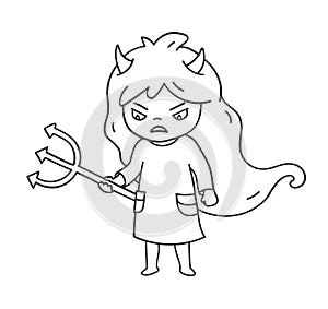 Angry little girl in dress with trident and devil horns. Cute cartoon character for emoji, sticker, pin, patch, badge.