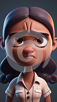 Angry little girl with sad expression on her face. 3D illustration.