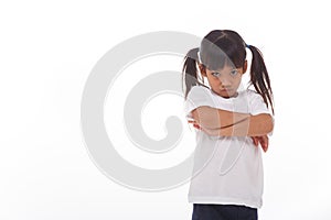 The angry little girl on a white background