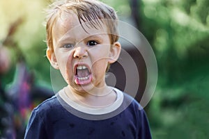 Angry little kid boy screams standing in green park close view