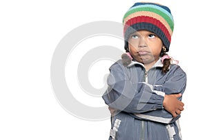 Angry little multiracial girl isolated on white