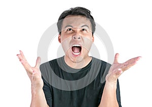 Angry and Mad face of Asian man wearing black t-shirt isolated on white background