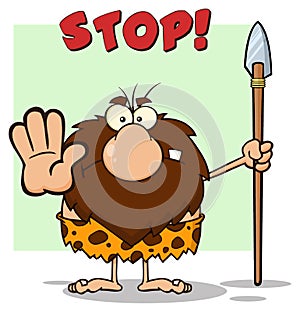 Angry Male Caveman Warrior Cartoon Mascot Character Gesturing And Standing With A Spear