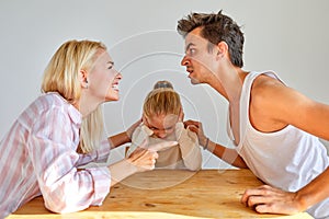 Angry male show aggression at home, punishing humiliating wife and child