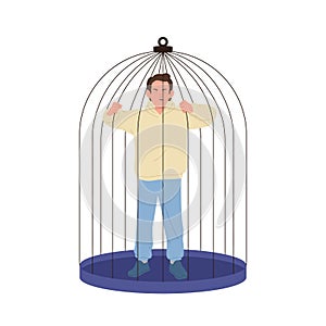 Angry man cartoon character inside bird cage holding bars and screaming yelling feeling furious