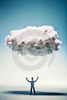 Angry man with clenched fists standing under a cloud.