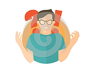 Angry man in glasses. Guy in rage. Flat design icon. Simply editable vector illustration