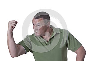 Angry man in green shirt
