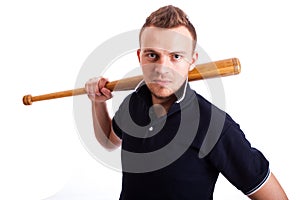 Angry man hand holding baseball bat isolated on white.