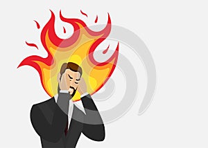 Angry man with head on fire. Stressed furious businessman with burning brain. Exhausted sick tired male manager with