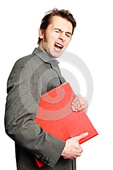 Angry man hold worktops photo