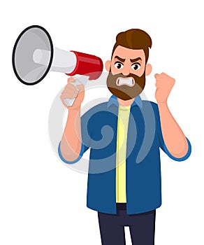 Angry man holding a megaphone or loudspeaker and raising hand fist gesture. Rage businessman screaming very loud. Human emotion.