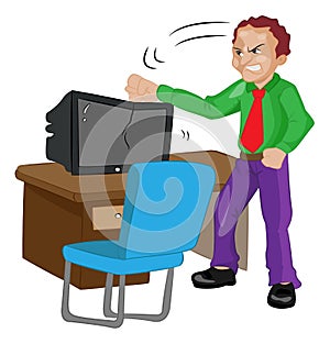 Angry Man Pounding on a TV, illustration