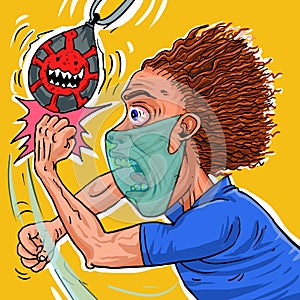 Angry man punches the corona virus cartoon.