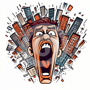 Angry Man Screaming Through City Skyline: Caricature Faces In Graphic Design Poster Art photo