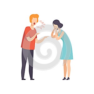 Angry man screaming at crying woman, couple quarreling, family conflict, disagreement in relationship vector
