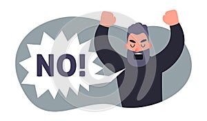 Angry man screaming NO. Carton people protest concept. Vector disagree person. Negative emotion.