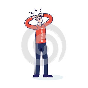 Angry man screaming and tearing hair. Businessman crazy in anger. Furious and mad male cartoon