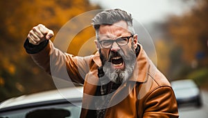 Angry man shouting while driving in traffic, car on blurred white background - copy space for text
