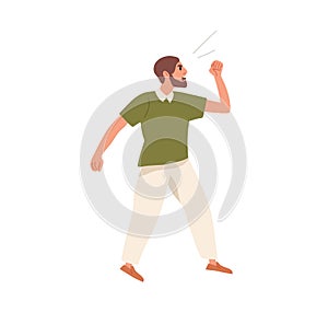 Angry man shouting in rage. Furious annoyed person with irritated face expression, yelling and clenching fist in anger