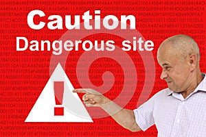 Angry man shows an exclamation mark on a triangle, concept attention on a red technological background, concept Deceptive site