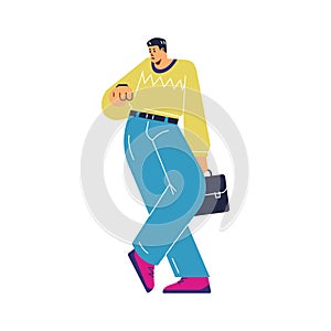 Angry man with suitcase waiting and looking at watch, flat vector illustration isolated on white background.