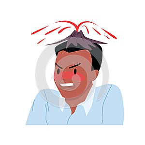 Angry man with volcano near head, adult person suffering from stress and headache, pain