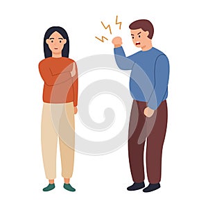 Angry man and woman characters quarreling. Vector flat cartoon illustration