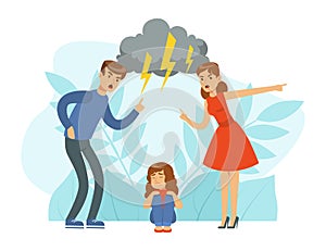 Angry Man and Woman Parent Arguing and Screaming at Each Other with Sad Little Daughter Vector Illustration