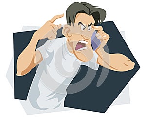 Angry man yelling on phone. Male in rage. Illustration for internet and mobile website