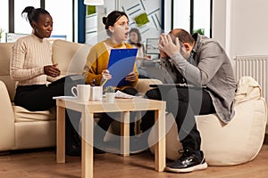 Angry manager woman arguing disagreeing about bad business contract photo