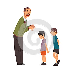 Angry Mature Man Scolding Naughty Boys, Man Chastening Children for Bad Behavior Vector Illustration