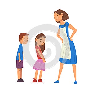 Angry Mother Scolding Her Naughty Son and Daughter, Relationships Between Kids and Parents Vector Illustration