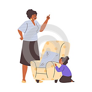 Angry mother yells at his daughter hiding behind a armchair, cartoon raising teenager, family conflict isolated on white
