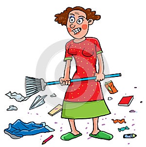Angry mum holding broom seeing dirty floor