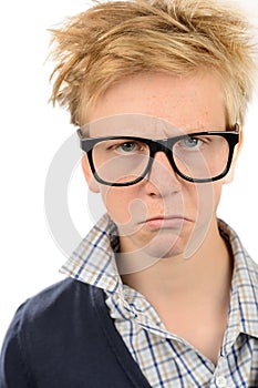 Angry nerd boy wearing geek glasses