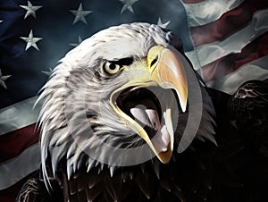 An angry north american bald eagle on american flag