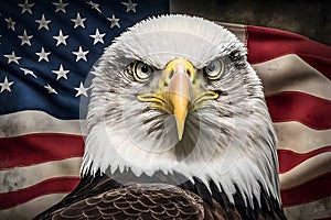 An angry north american bald eagle on american flag. Neural network AI generated