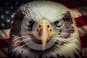 An angry north american bald eagle on american flag. Neural network AI generated