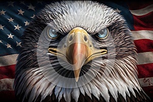 An angry north american bald eagle on american flag. Neural network AI generated