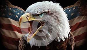 Angry North American bald eagle over American flag. Patriotic holiday celebrate 4th of July. Generative AI