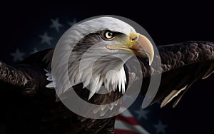 Angry North American bald eagle over American flag. Patriotic holiday celebrate 4th of July. Generative AI